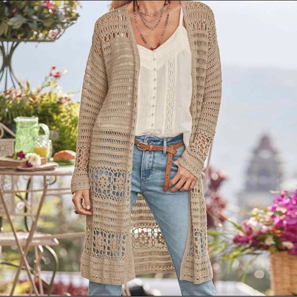 Sundance Crochet Knit Open Long Cardigan Sweater - Picture 1 of 7